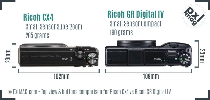 Ricoh CX4 vs Ricoh GR Digital IV top view buttons comparison
