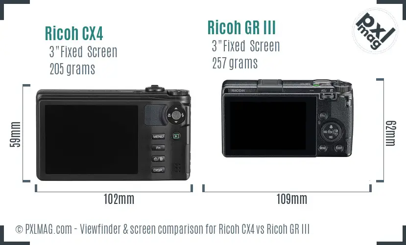 Ricoh CX4 vs Ricoh GR III Screen and Viewfinder comparison