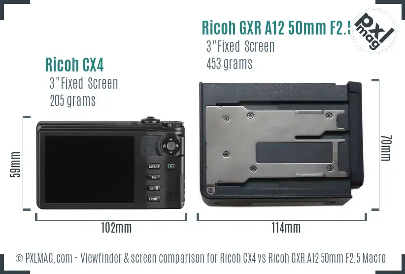 Ricoh CX4 vs Ricoh GXR A12 50mm F2.5 Macro Screen and Viewfinder comparison