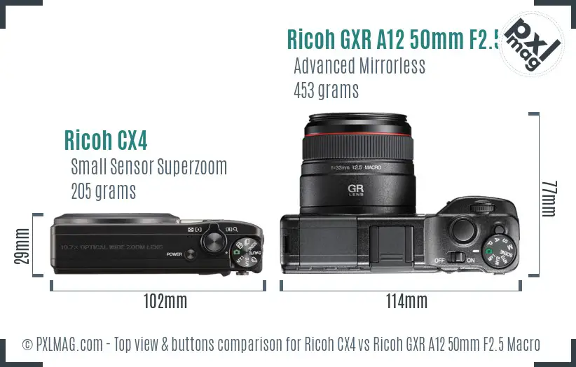 Ricoh CX4 vs Ricoh GXR A12 50mm F2.5 Macro top view buttons comparison