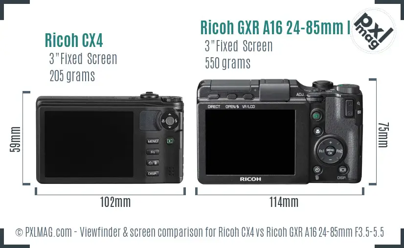 Ricoh CX4 vs Ricoh GXR A16 24-85mm F3.5-5.5 Screen and Viewfinder comparison