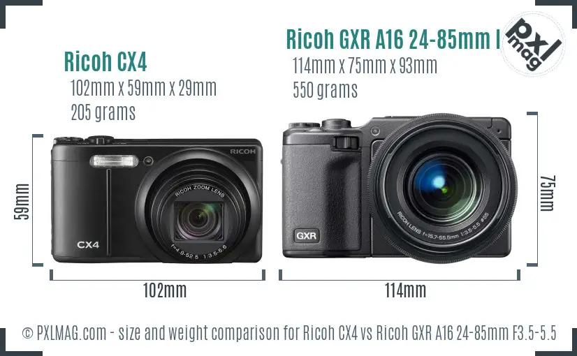 Ricoh CX4 vs Ricoh GXR A16 24-85mm F3.5-5.5 size comparison