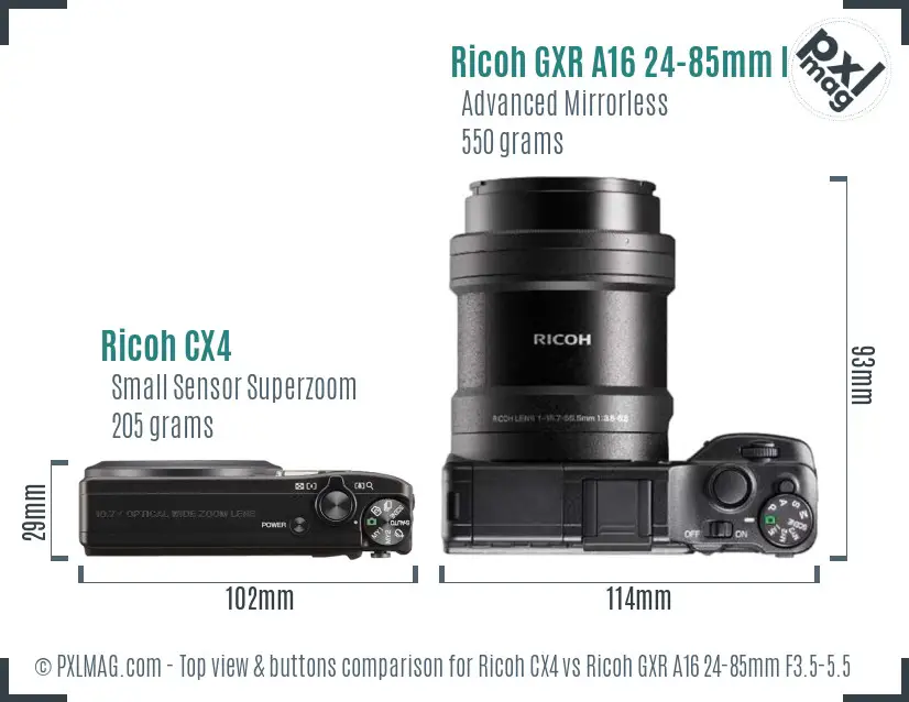 Ricoh CX4 vs Ricoh GXR A16 24-85mm F3.5-5.5 top view buttons comparison