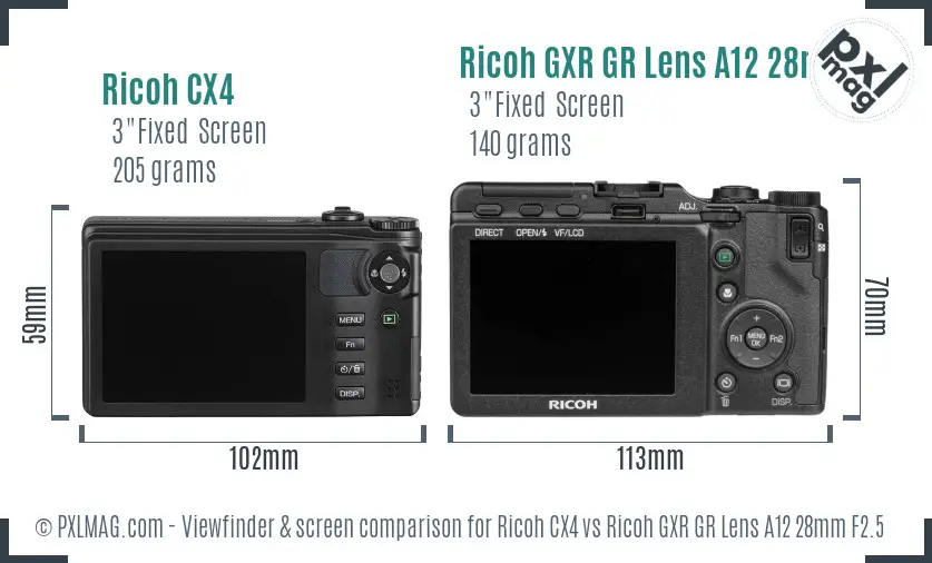 Ricoh CX4 vs Ricoh GXR GR Lens A12 28mm F2.5 Screen and Viewfinder comparison