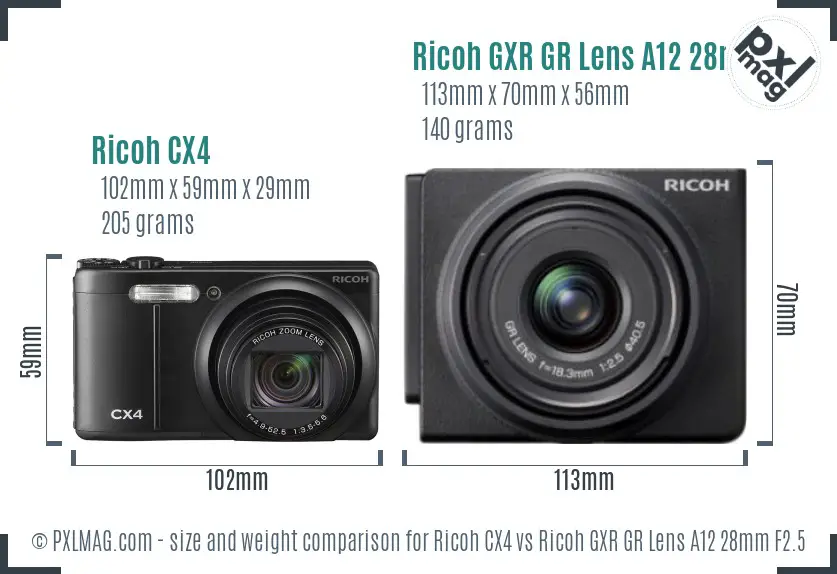 Ricoh CX4 vs Ricoh GXR GR Lens A12 28mm F2.5 size comparison