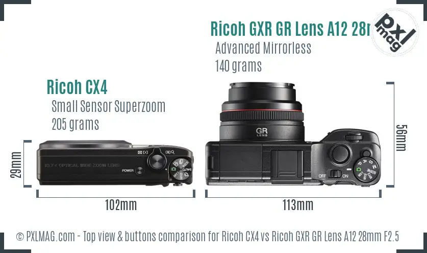 Ricoh CX4 vs Ricoh GXR GR Lens A12 28mm F2.5 top view buttons comparison