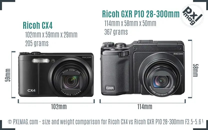 Ricoh CX4 vs Ricoh GXR P10 28-300mm F3.5-5.6 VC size comparison
