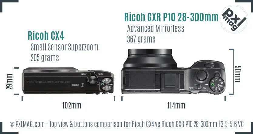 Ricoh CX4 vs Ricoh GXR P10 28-300mm F3.5-5.6 VC top view buttons comparison