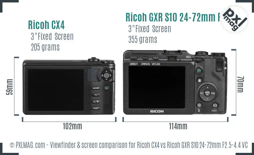 Ricoh CX4 vs Ricoh GXR S10 24-72mm F2.5-4.4 VC Screen and Viewfinder comparison
