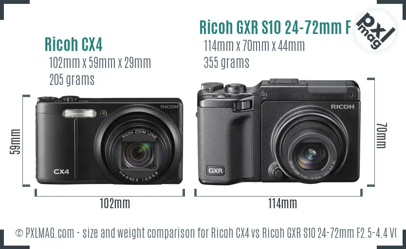 Ricoh CX4 vs Ricoh GXR S10 24-72mm F2.5-4.4 VC size comparison