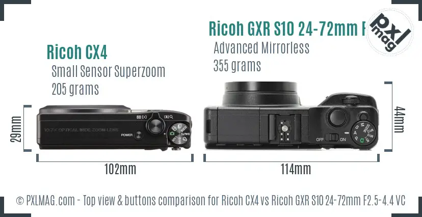 Ricoh CX4 vs Ricoh GXR S10 24-72mm F2.5-4.4 VC top view buttons comparison