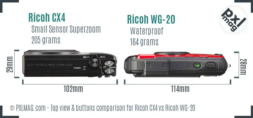 Ricoh CX4 vs Ricoh WG-20 top view buttons comparison