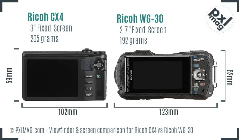 Ricoh CX4 vs Ricoh WG-30 Screen and Viewfinder comparison