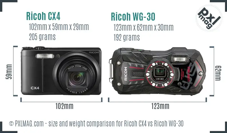 Ricoh CX4 vs Ricoh WG-30 size comparison