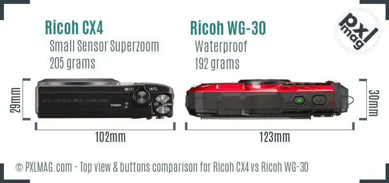 Ricoh CX4 vs Ricoh WG-30 top view buttons comparison