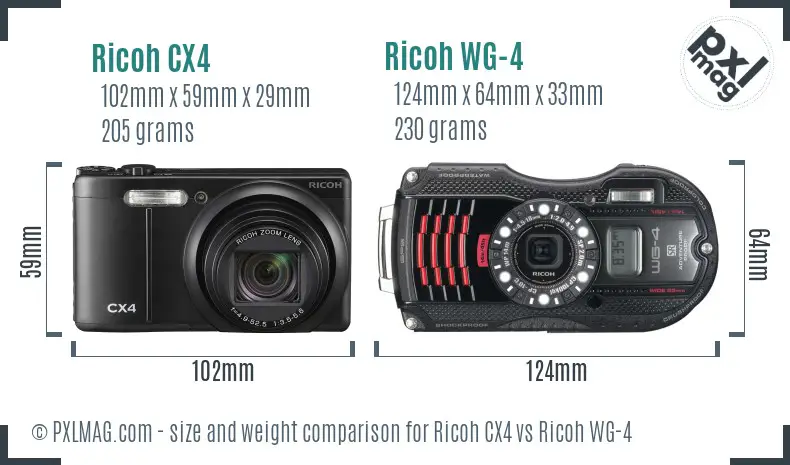 Ricoh CX4 vs Ricoh WG-4 size comparison