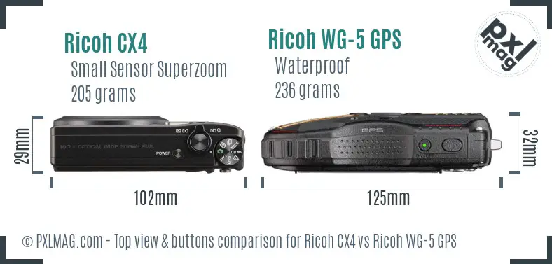 Ricoh CX4 vs Ricoh WG-5 GPS top view buttons comparison