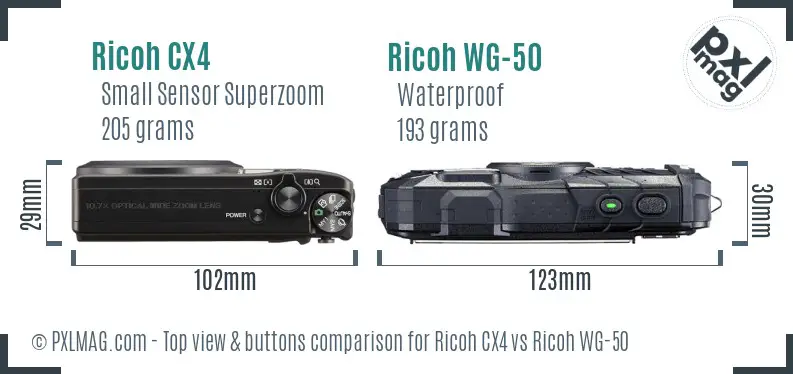 Ricoh CX4 vs Ricoh WG-50 top view buttons comparison