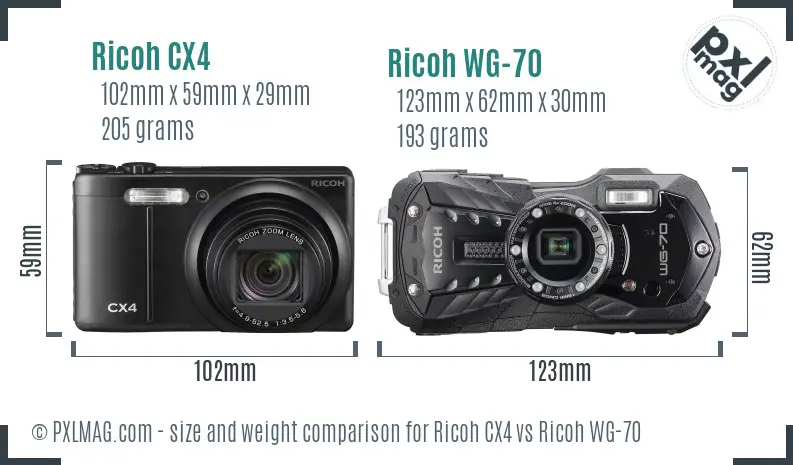 Ricoh CX4 vs Ricoh WG-70 size comparison
