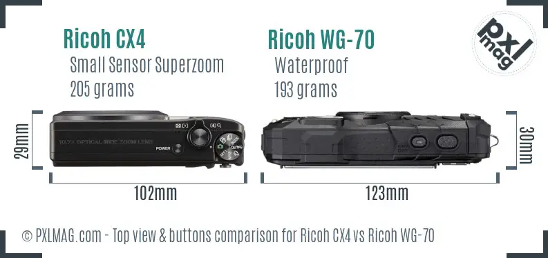 Ricoh CX4 vs Ricoh WG-70 top view buttons comparison