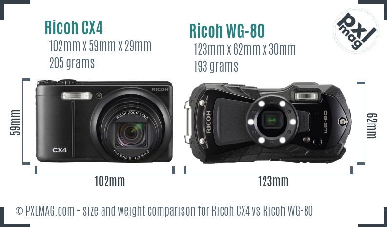 Ricoh CX4 vs Ricoh WG-80 size comparison