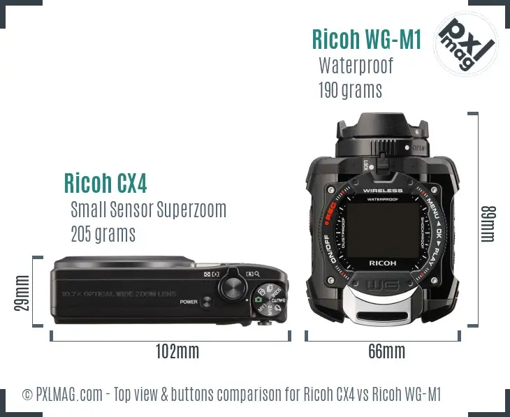 Ricoh CX4 vs Ricoh WG-M1 top view buttons comparison