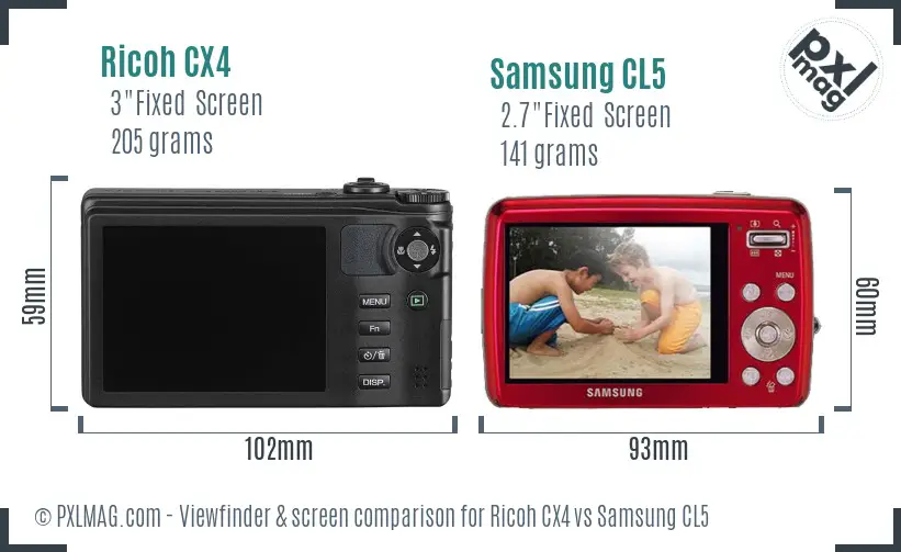 Ricoh CX4 vs Samsung CL5 Screen and Viewfinder comparison