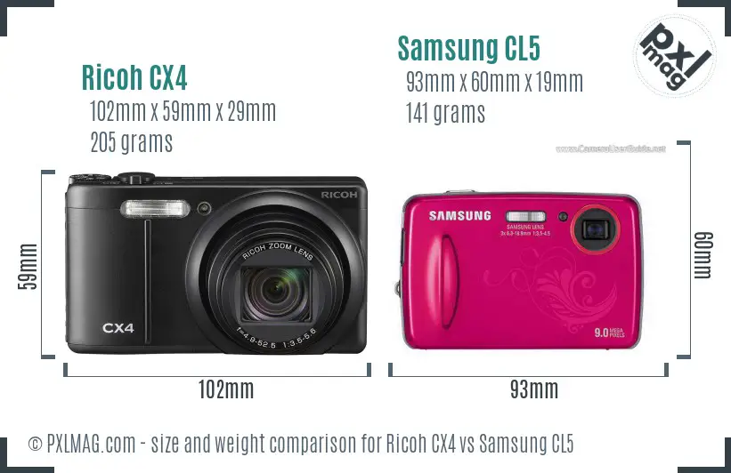 Ricoh CX4 vs Samsung CL5 size comparison