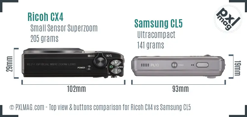 Ricoh CX4 vs Samsung CL5 top view buttons comparison