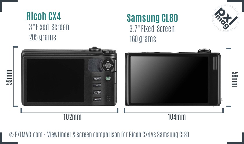 Ricoh CX4 vs Samsung CL80 Screen and Viewfinder comparison