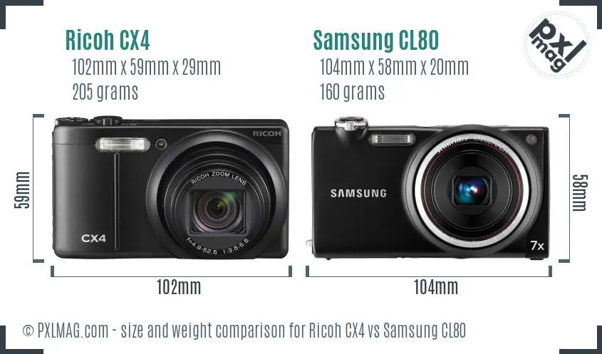 Ricoh CX4 vs Samsung CL80 size comparison