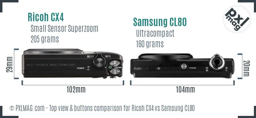 Ricoh CX4 vs Samsung CL80 top view buttons comparison