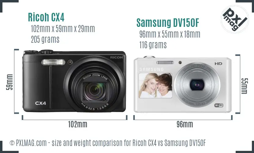 Ricoh CX4 vs Samsung DV150F size comparison