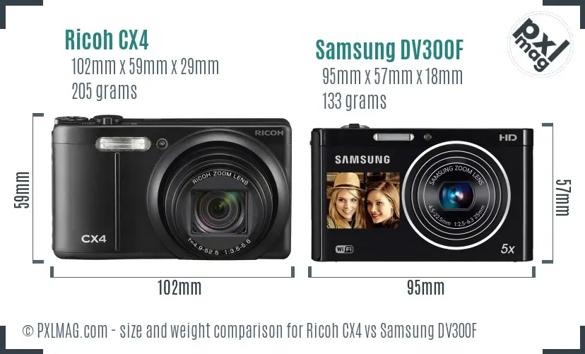 Ricoh CX4 vs Samsung DV300F size comparison