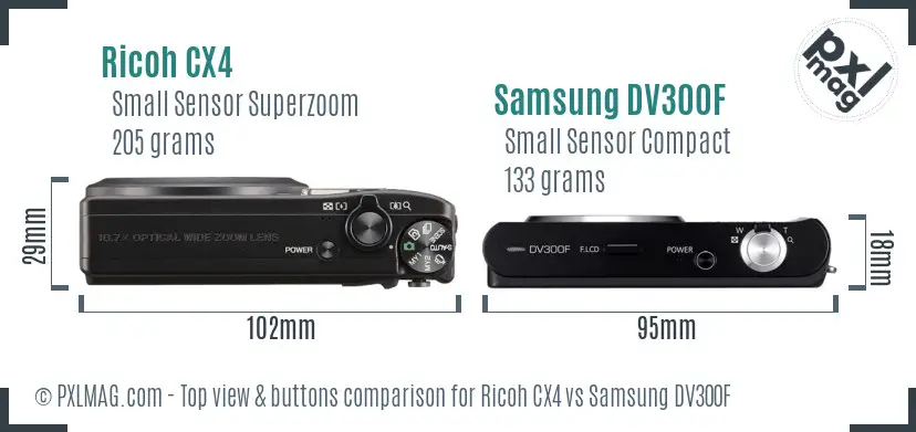 Ricoh CX4 vs Samsung DV300F top view buttons comparison