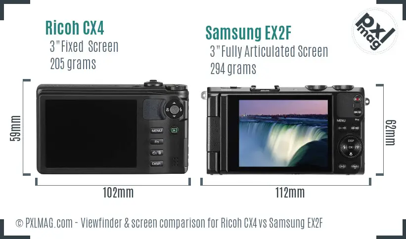 Ricoh CX4 vs Samsung EX2F Screen and Viewfinder comparison
