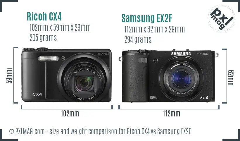 Ricoh CX4 vs Samsung EX2F size comparison