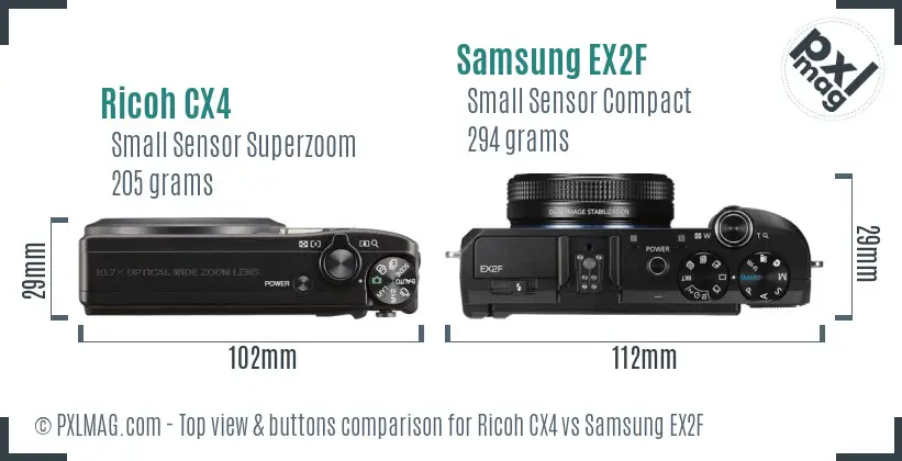 Ricoh CX4 vs Samsung EX2F top view buttons comparison