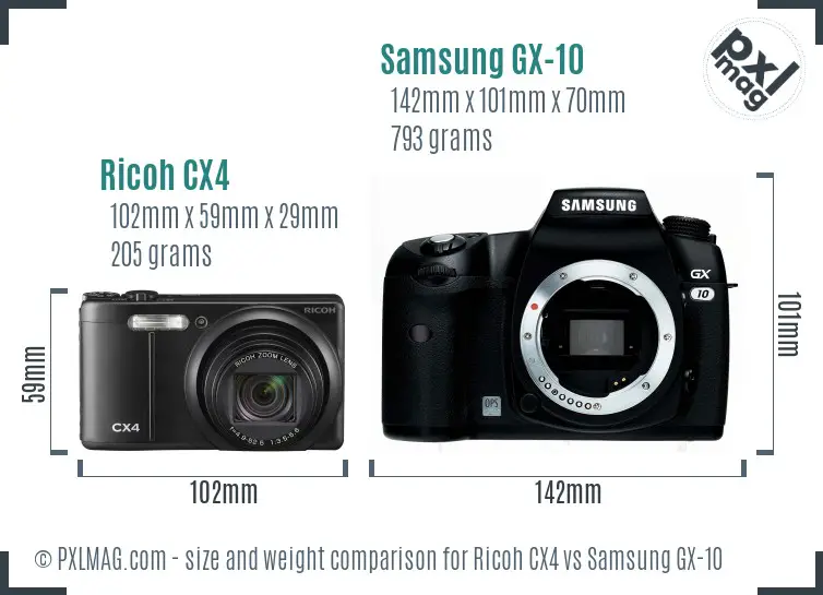 Ricoh CX4 vs Samsung GX-10 size comparison