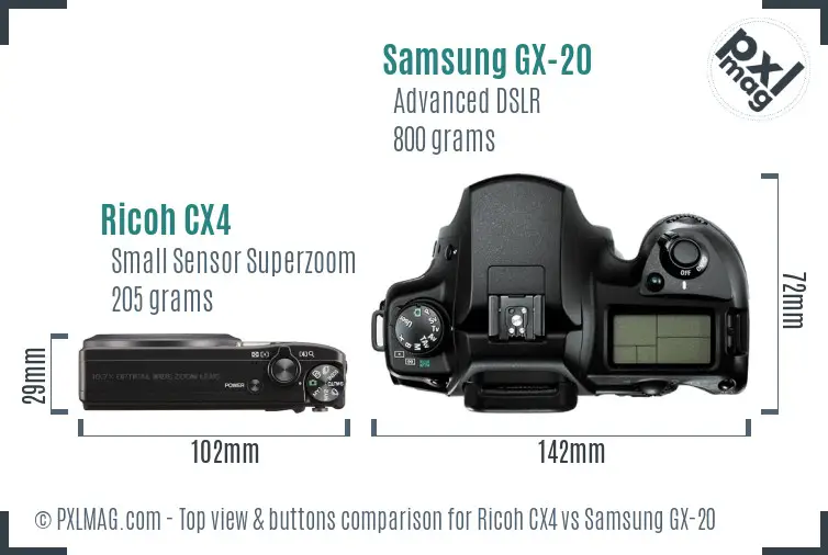 Ricoh CX4 vs Samsung GX-20 top view buttons comparison