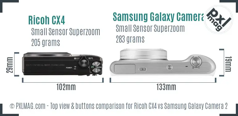 Ricoh CX4 vs Samsung Galaxy Camera 2 top view buttons comparison