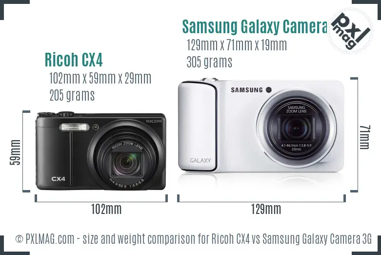 Ricoh CX4 vs Samsung Galaxy Camera 3G size comparison