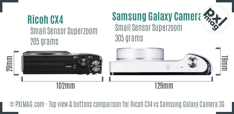 Ricoh CX4 vs Samsung Galaxy Camera 3G top view buttons comparison