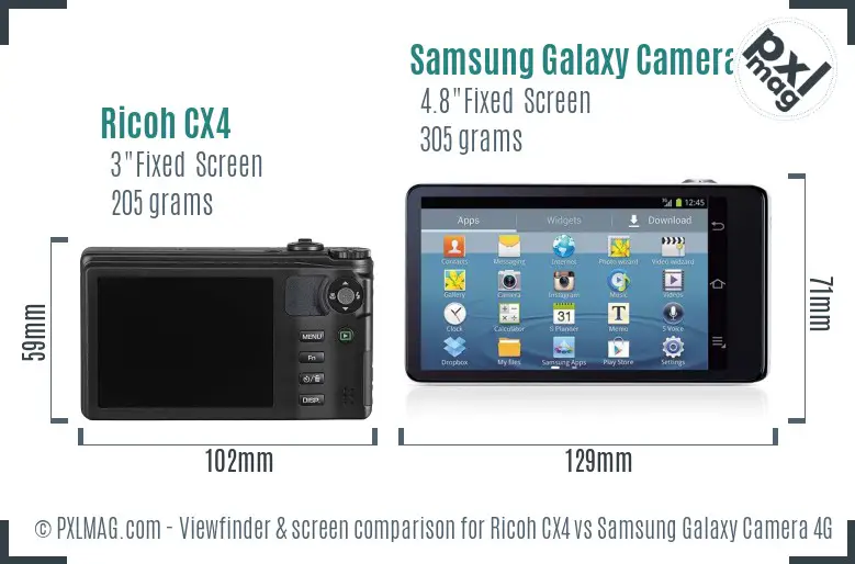 Ricoh CX4 vs Samsung Galaxy Camera 4G Screen and Viewfinder comparison