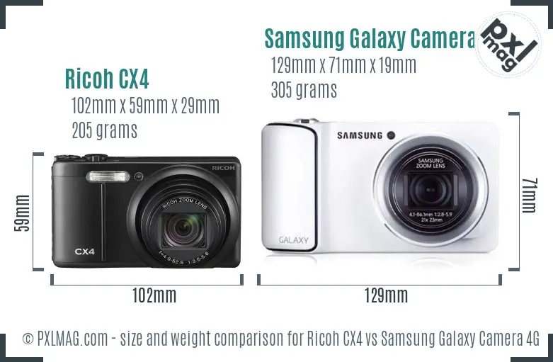 Ricoh CX4 vs Samsung Galaxy Camera 4G size comparison