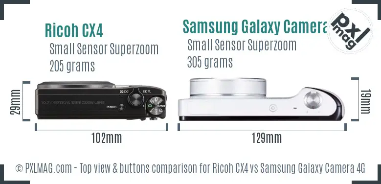 Ricoh CX4 vs Samsung Galaxy Camera 4G top view buttons comparison