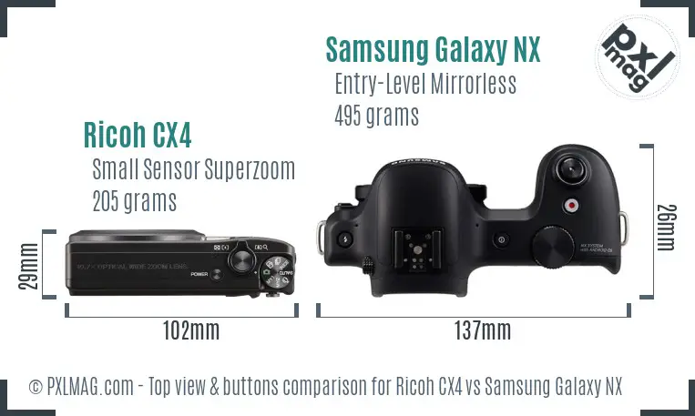 Ricoh CX4 vs Samsung Galaxy NX top view buttons comparison