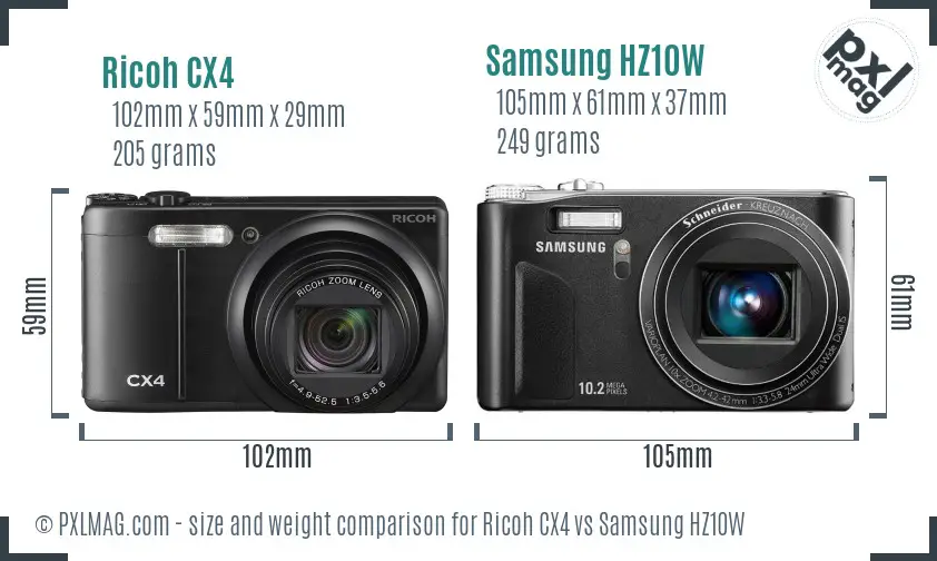 Ricoh CX4 vs Samsung HZ10W size comparison