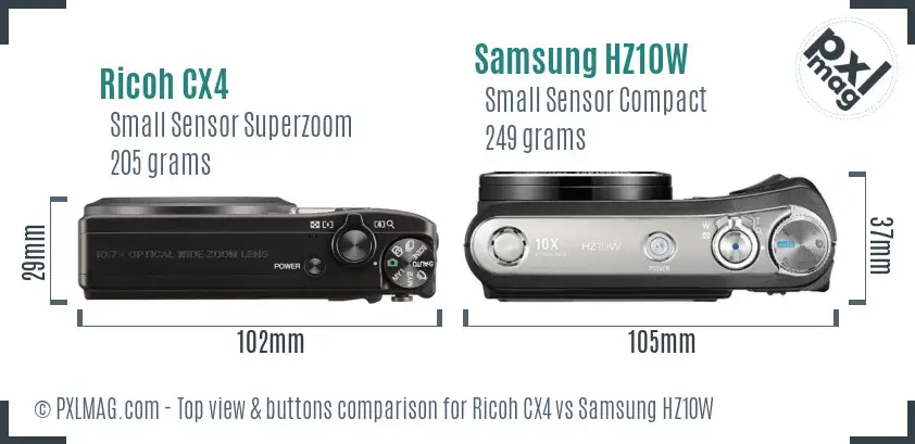 Ricoh CX4 vs Samsung HZ10W top view buttons comparison