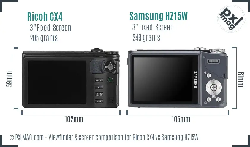 Ricoh CX4 vs Samsung HZ15W Screen and Viewfinder comparison